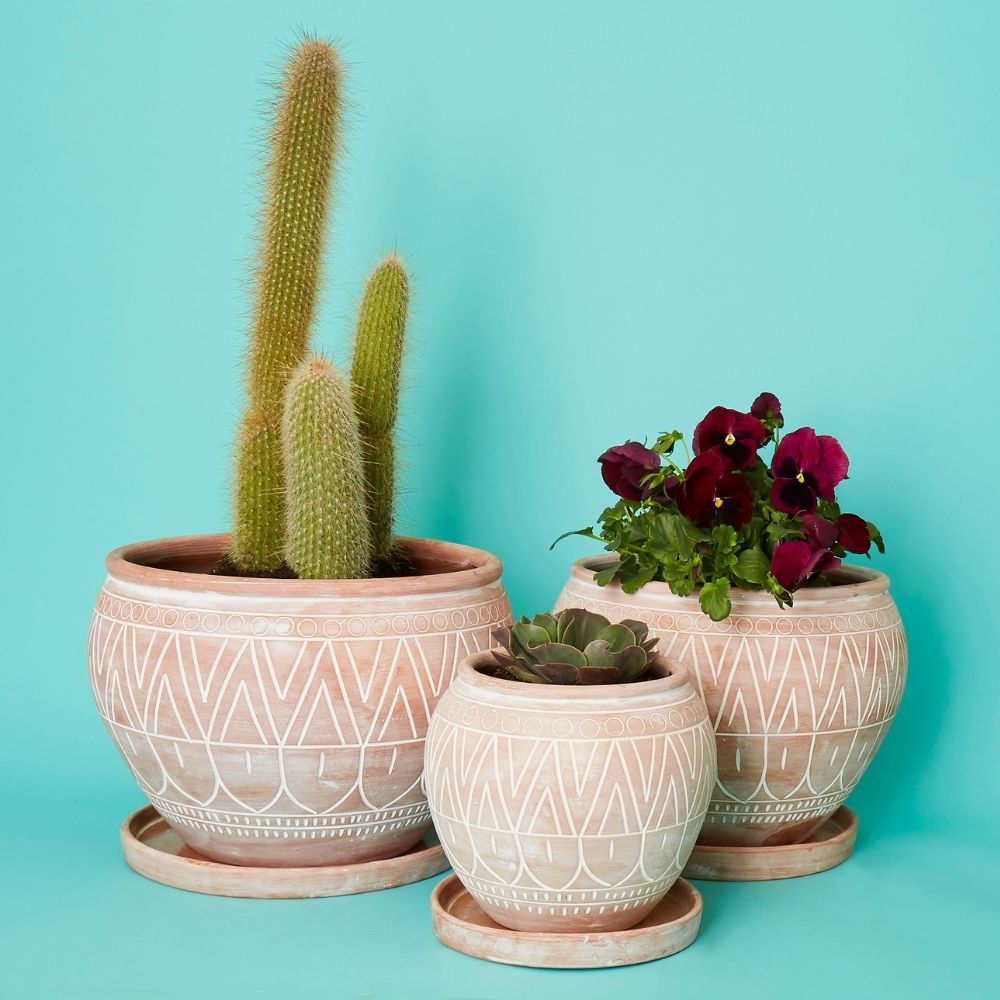 Bangladesh Small Rustic Terracotta Belly Pot with Saucer