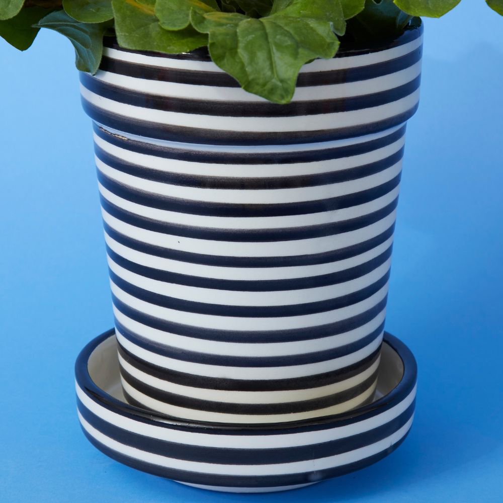 Morocco Black Hand Painted Striped Ceramic Small Planter