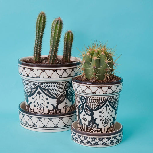 Morocco Black Hand Painted Arabesque Ceramic Planter Set